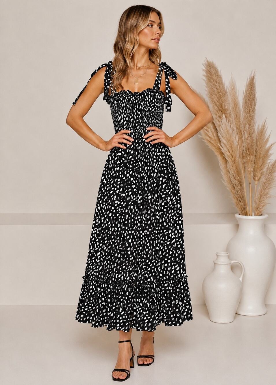 By Together Lorraine Black & White Polka Dot Smocked Tie Strap Maxi Dress Small